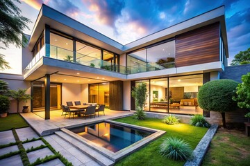 Fototapeta premium Minimalist Modern House Courtyard AI Photo, Double Exposure, Clean Interior