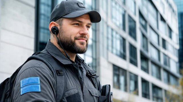 A security professional monitors the surroundings in an urban environment amidst contemporary architecture while dressed in tactical gear