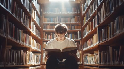Motivated student in a library, royalty-free, high-quality stock photo for educational and publishing needs