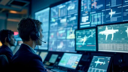 Air traffic controllers are focused on flight data management in a high-tech control room