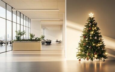 A modern office interior with a Christmas tree decorated with lights and gifts, featuring a minimalistic design. modern design with wooden desks and metal chairs, capturing the holiday spirit 