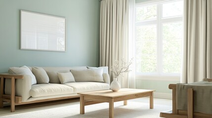 Light and airy living room with a white sofa, wooden coffee table, and a window with curtains