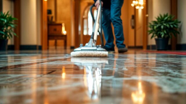A worker carefully cleans the lobby floor of a hotel, ensuring a spotless welcome for guests