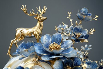 3d illustration - oil painting of golden deer in the mountain. Luxurious abstract art digital painting for wallpaper
