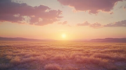 A warm sunset over a vast field of grass with a hint of purple in the sky.