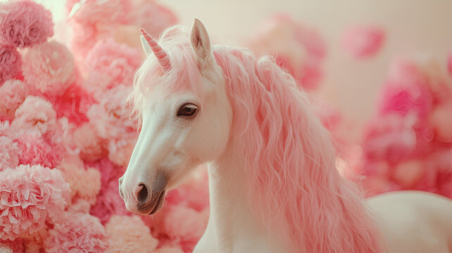 Cute white unicorn with pink hairs