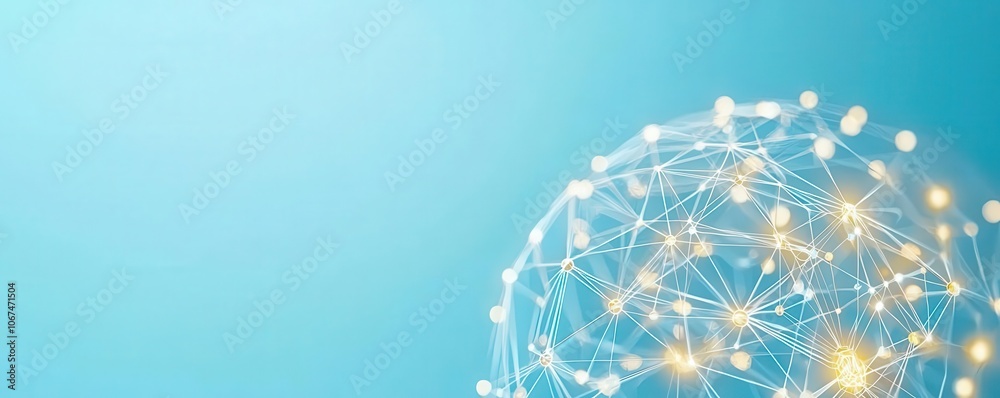 Poster a futuristic representation of interconnected nodes and bright points of light against a soft blue b