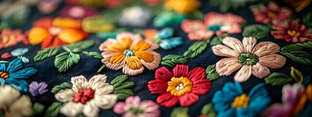 Close-up of an embroidered pattern with traditional folk motifs, featuring colorful flowers and decorative lines on a dark fabric. The design is detailed and intricate, showcasing the artistry in the 