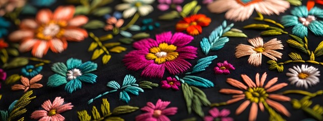 Close-up of an embroidered pattern with traditional folk motifs, featuring colorful flowers and decorative lines on a dark fabric. The design is detailed and intricate, showcasing the artistry in the 