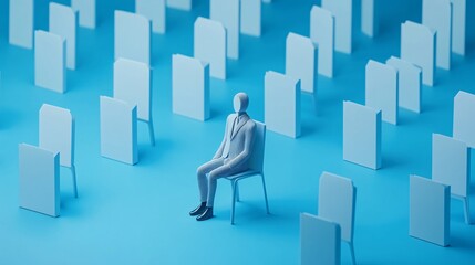 Lonely businessman sitting on chair in empty meeting room with social distancing barriers