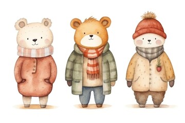 Cute animal family wearing winter clothes cartoon mammal.