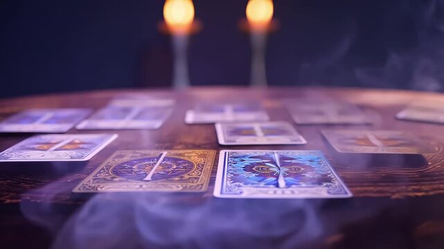Fortune mystic teller putting occult tarot cards layout on table dark room. Magical pagan fate destiny reading ritual. Esoteric astrology prediction. Supernatural spiritual medium. Magic atmosphere.