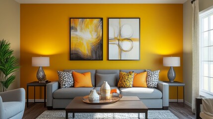 Modern living room with gray sofa, yellow walls, and abstract artwork
