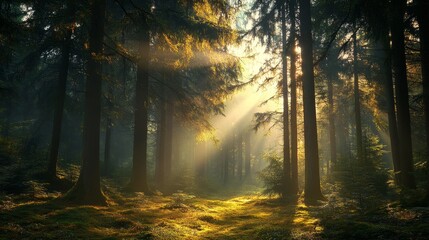 Fototapeta premium A serene forest scene with sunlight filtering through tall tree, creating a tranquil atmosphere.