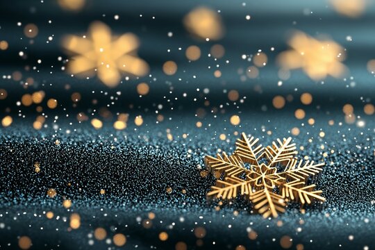 Close-up view of a gold snowflake in the center, with smaller stars scattered on dark blue, glittery background.