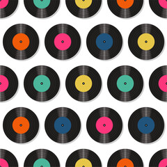 Seamless pattern print wallpaper with vinyl record discs music illustration vector retro style 60s, 70s, 80s, design art background for paper, textile, pack etc. 