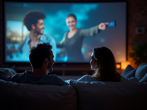 A happy couple is sitting indoors watching a movie on their home cinema projector together in comfort and relaxation