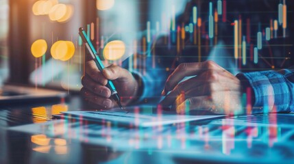 Business analysis with data charts overlayed in modern workspace