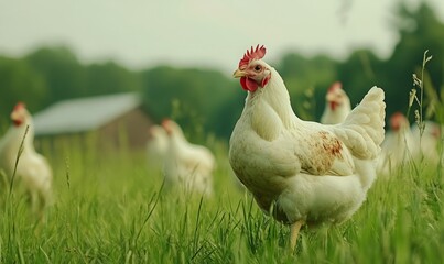 Fototapeta premium Free range broilers on a white chicken farm
