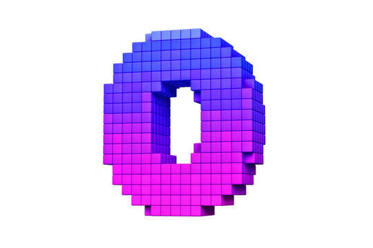Pixel art style typography digit number 0 in purple to pink color scheme. Pixel art typography 3D rendering.
