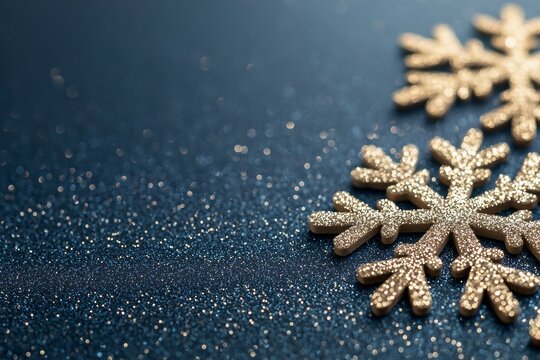A Radiant Trio of Gold Snowflakes Against a Sparkling Dark Blue Backdrop