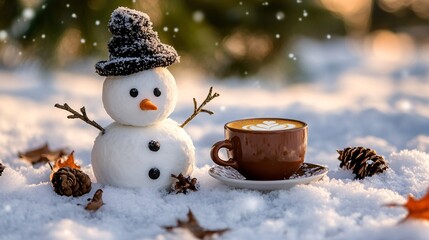 Snowman enjoying hot coffee in snowy landscape during christmas time