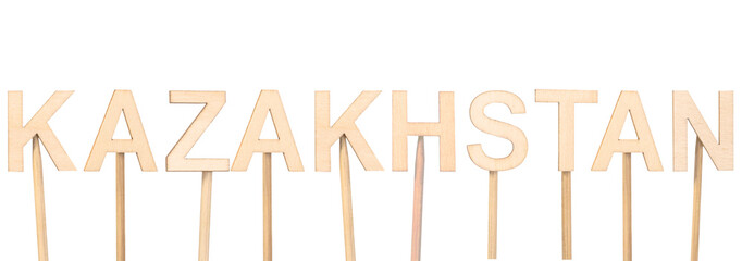 Wooden typeface spelling Kazakhstan in minimalist style.