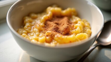 Delicious Cornmeal porridge drizzled with a sprinkle of savory spices, served in a white bowl on a bright kitchen table, perfect for lunch or dinner any day of the week. Healthy eating concept 
