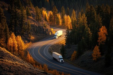 Obraz premium Light colored vehicle traveling along a winding road through autumn tinged woods at dusk