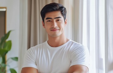 A cheerful young Asian businessman stands with crossed arms smiling confidently at the camera embodying a positive and healthy lifestyle