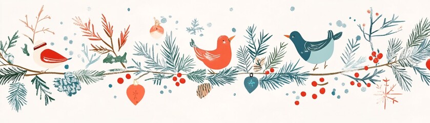 Cute birds sitting on branch decorated with christmas ornaments