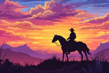 A silhouetted cowboy on horseback against a vibrant sunset sky evoking a western film in a mountain prairie