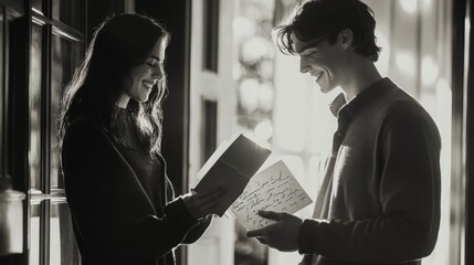 Couple exchanging love letters, handwritten notes, soft smiles, heartfelt exchange