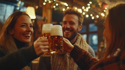 Smiling friends raising their beers for a toast, having a great time in a warm pub environment