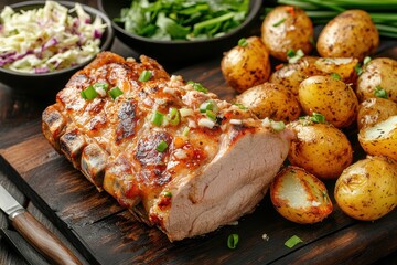 Angle view of a pork loin dish with coleslaw and boiled potatoes topped with green onions
