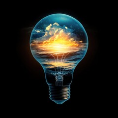 Light bulb with sunset sky inside story concept meaning design celebration festive mood