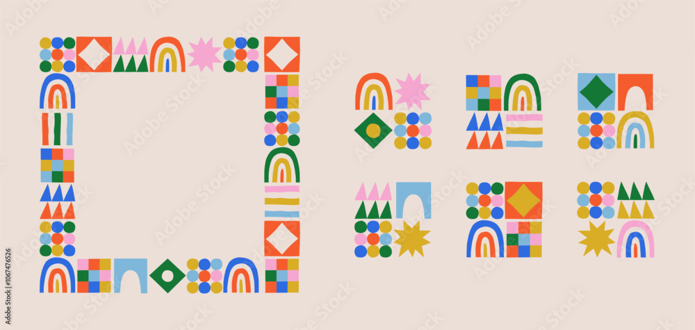Poster fun colorful geometric shape set. abstract retro children style art element for kids, trendy design 