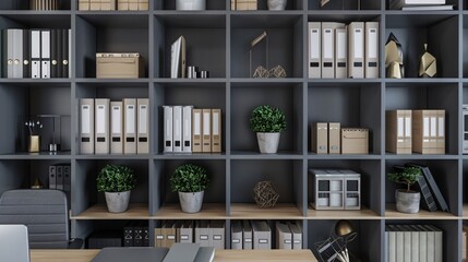Office shelves with organized files, office supplies, and decorative elements