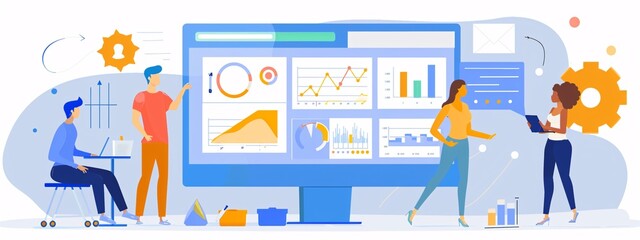 Digital marketing team using analytics tools and brainstorming strategies