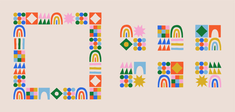Fun colorful geometric shape set. Abstract retro children style art element for kids, trendy design with geometry mosaic shapes. Simple childish patchwork clip art decoration.