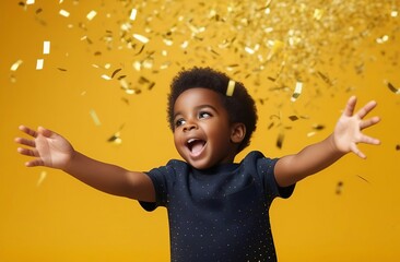 Little black boy on yellow background. Happy African-American child with curly hair catches golden confetti. Advertising with holiday concept for children product. Happy birthday greeting card
