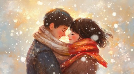 Partner wrapping a scarf around their loved one, winter setting, affectionate