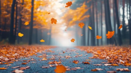 Misty autumn road with falling leaves, golden light through trees, rustic path surrounded by maple trees, calm and serene atmosphere