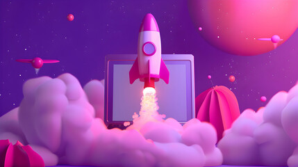 Fototapeta premium Space Rocket Shuttle Taking Off from Laptop with Cloud of Smoke 