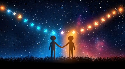 Obraz premium Couple under starry night holding hands. story concept meaning design celebration festive mood