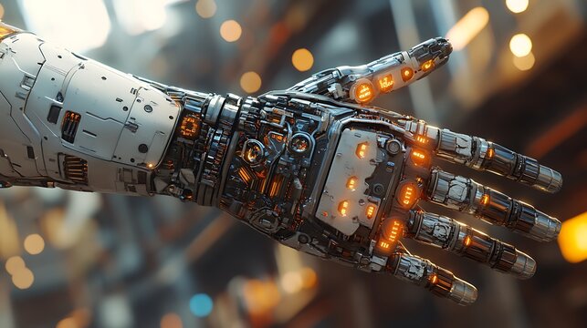 Detailed view of a bionic human arm with intricate mechanical joints, tech lights, and textured metallic finishes
