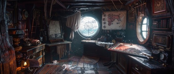 Fototapeta premium photo capturing an intricately detailed illustration of a pirate captain's cabin, filled with maps
