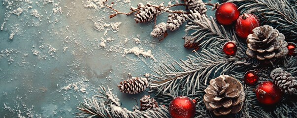 Christmas background with snow covered fir tree branches and red ornaments decorating a light blue surface