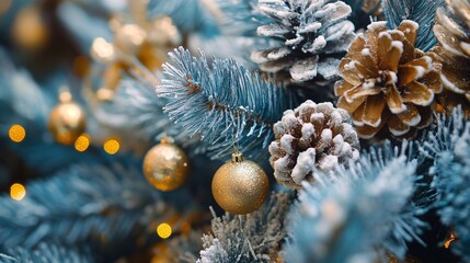 Christmas tree is decorated with golden balls and pine cones covered with artificial snow