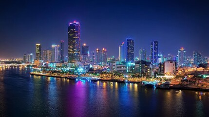 Obraz premium Vibrant city skyline at night reflecting on water, showcasing modern architecture and urban life.